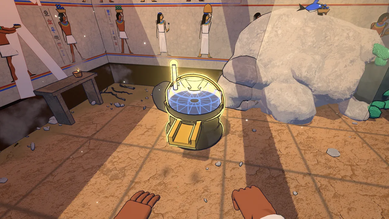 The broken quern, its missing parts drawn in lapis