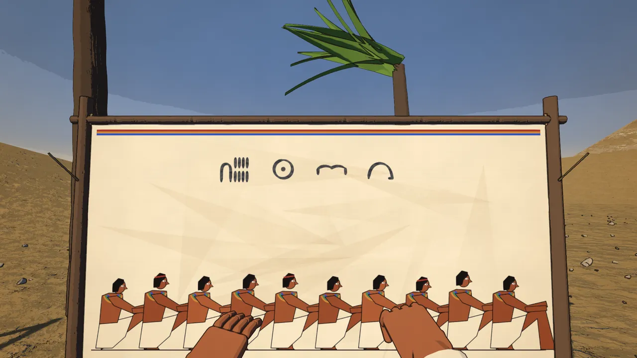 Ten painted strikers under a line of glyphs